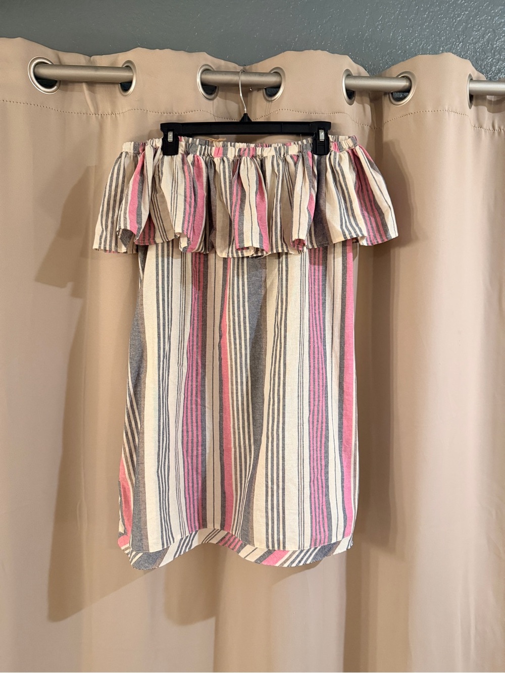 Easel Striped Ruffle dress in Pink, Cream, Gray, and Tan